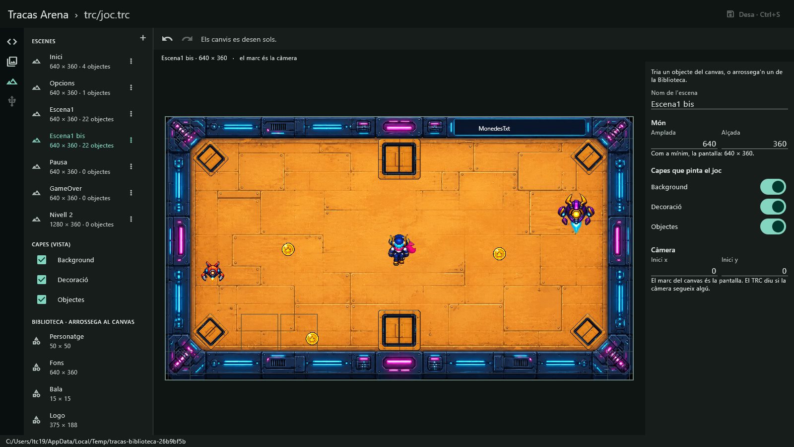 L'editor de Tracas Consola amb una escena de Tracas Arena